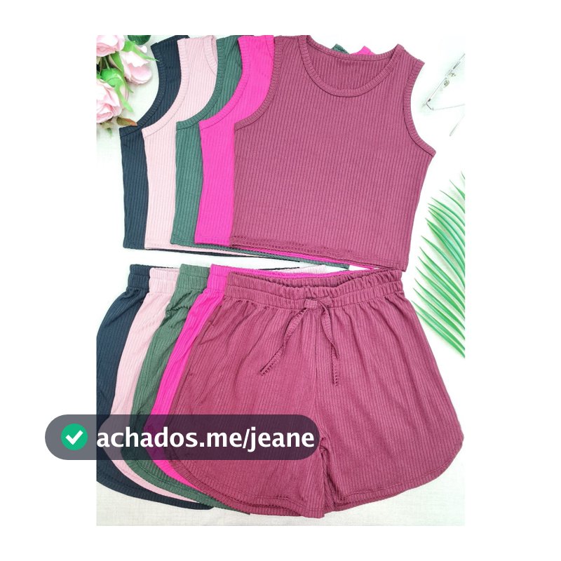 KIT5 Conjuntos Malha Canelada Cropped Top alça gross+Short Curto