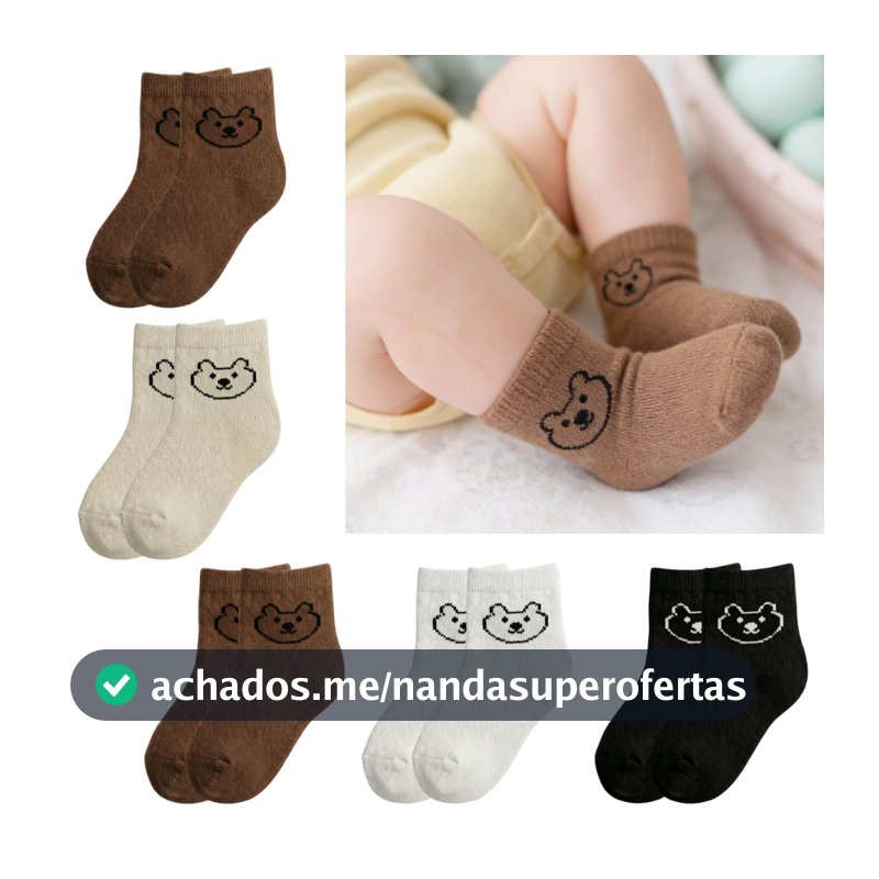 Kit 5 Pares Meias Bebê Infantil Urso Algodão Cano Médio Ursinho Fofo Unissex