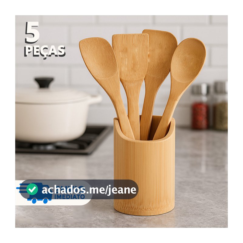 Kit 5 Utensilio de Cozinha de Bambu Colher De Pau (4 talheres + suporte) Casa Colheres Madeira
