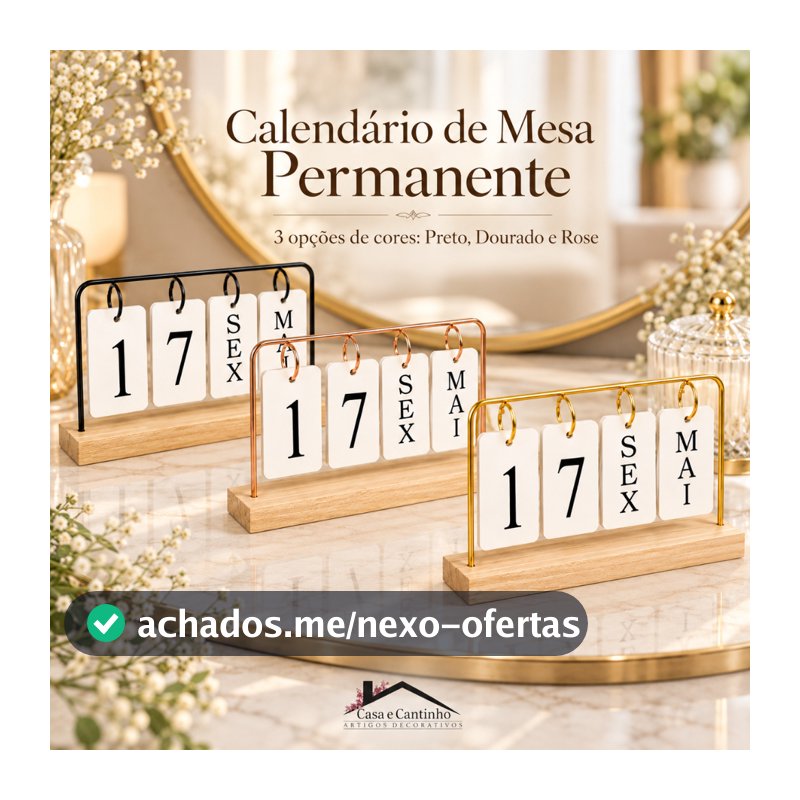 Calendário de Mesa Decorativo com Plaquinhas Preto/Dourado Permanente Escritório