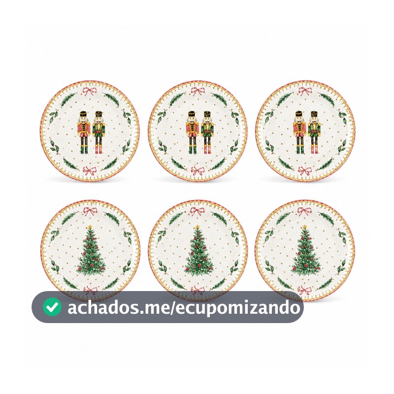 Kit 6 Pratos de Sobremesa Natalinos 21cm Porcelana Árvore Quebra-Nozes Mesa Posta Ceia de Natal