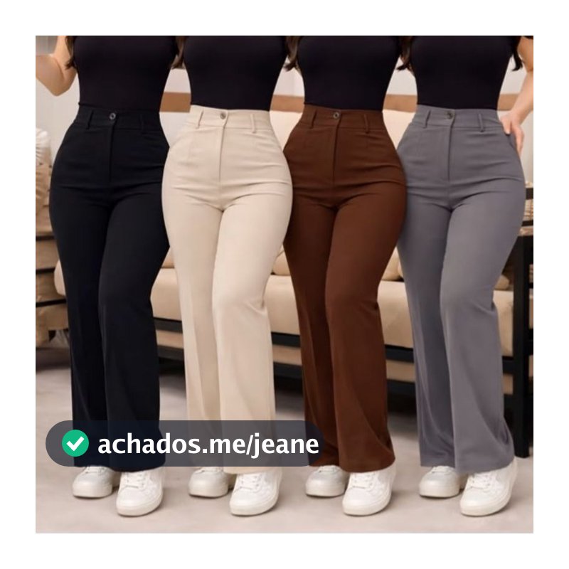Calça Feminina Wide Leg Pantalona Alfaiataria Cintura Alta Zíper Lateral Botão Bolsos Laterais Social