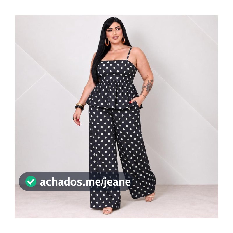 Conjunto Feminino Plus Size Duna Poá Blusa Peplum de Alcinha e Calça Pantalona G1 G2