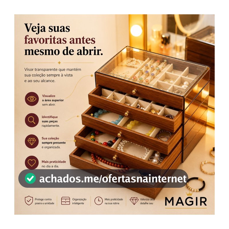 Caixa Porta Jòias+Porta Anéis Mdf 5 Gavetas Tampo Dobravel Com Vidro