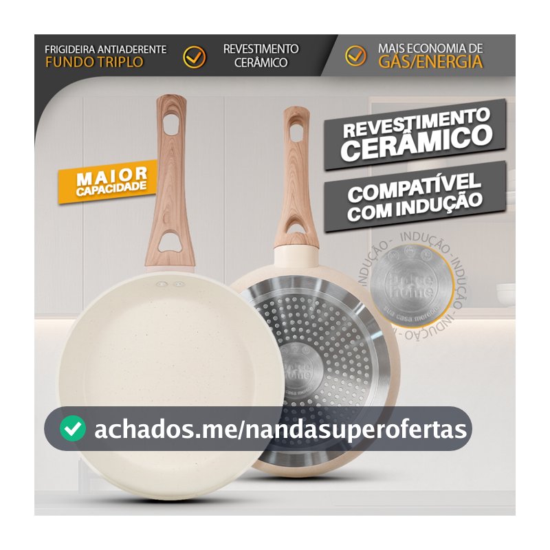 Frigideira Antiaderente Fundo Triplo 20,5cm Revestimento Cerâmica Indução Creme - Bhz Store