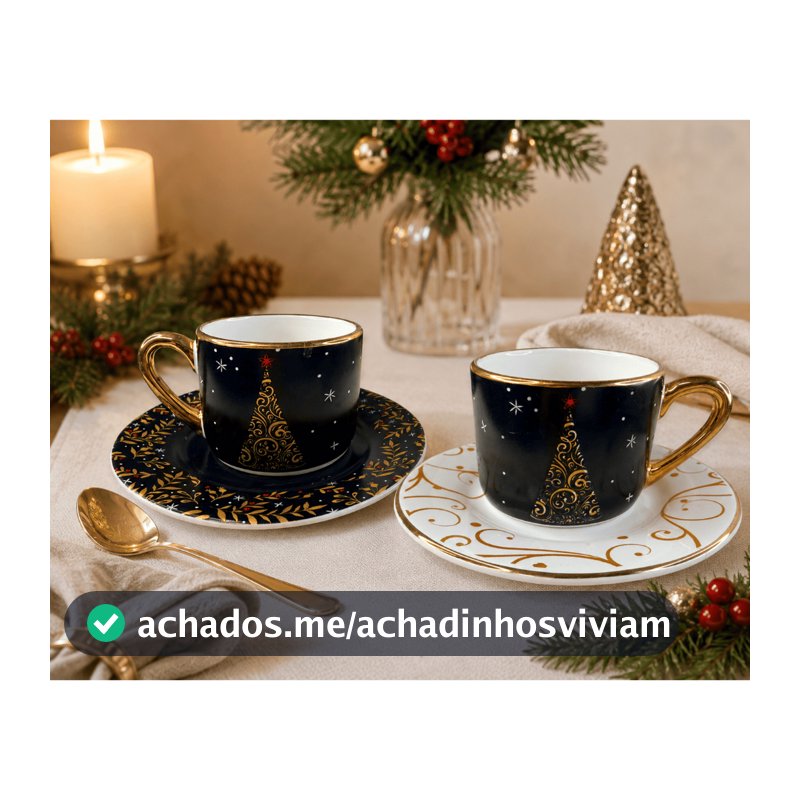 Kit Jogo Xícara e Pires Estampa Natal Decoração Natalina Presente Criativo Ideal Para Mesa Posta Elegante