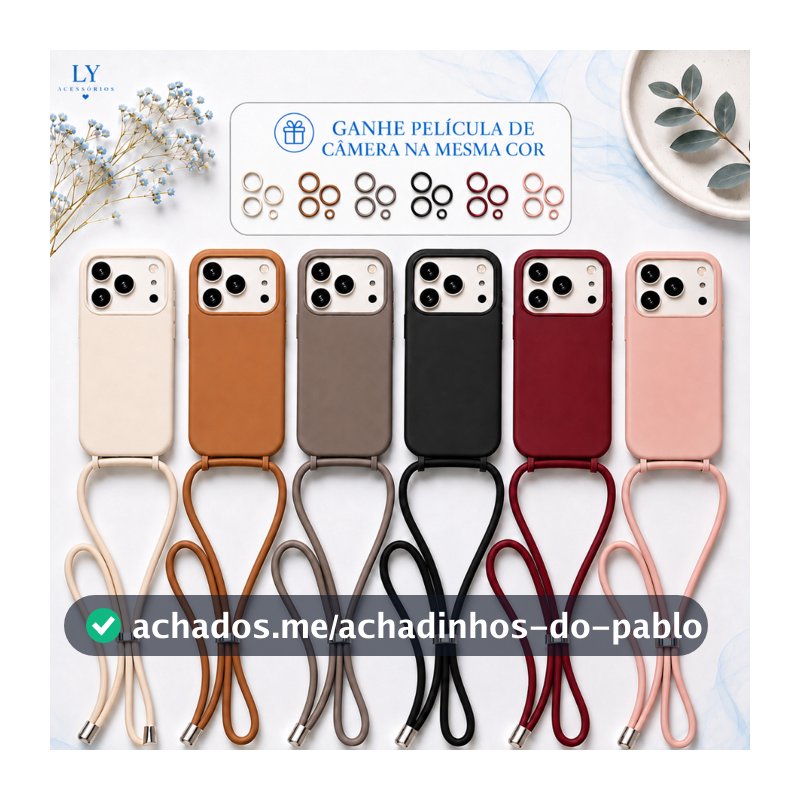 Capa Capinha com Cordão para iPhone 17 17 Air 16 16E/17E 15 14 13 12 11 Pro Max TPU Aveludada Antichoque
