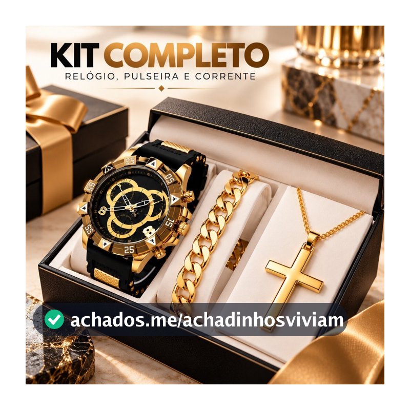 Kit Relogio Masculino Banhado Original + Colar com Cruz + Pulseira Premium