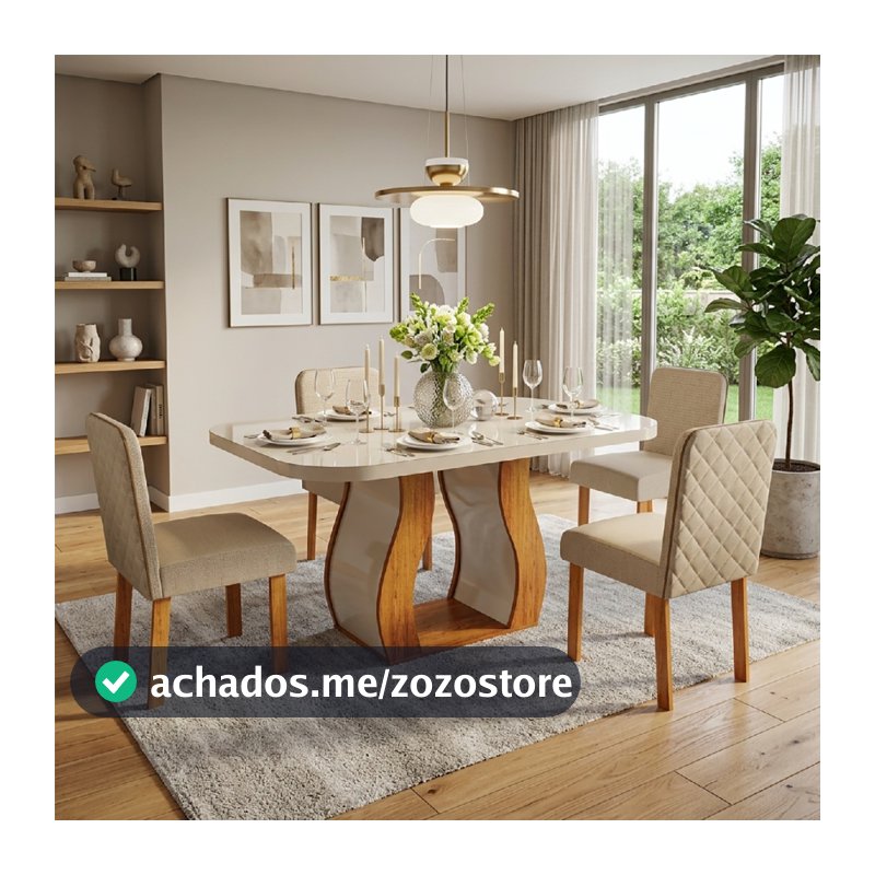 Sala de Jantar 130x90 Ibiza MDF/Vidro 4 Cadeiras Bom Pastor