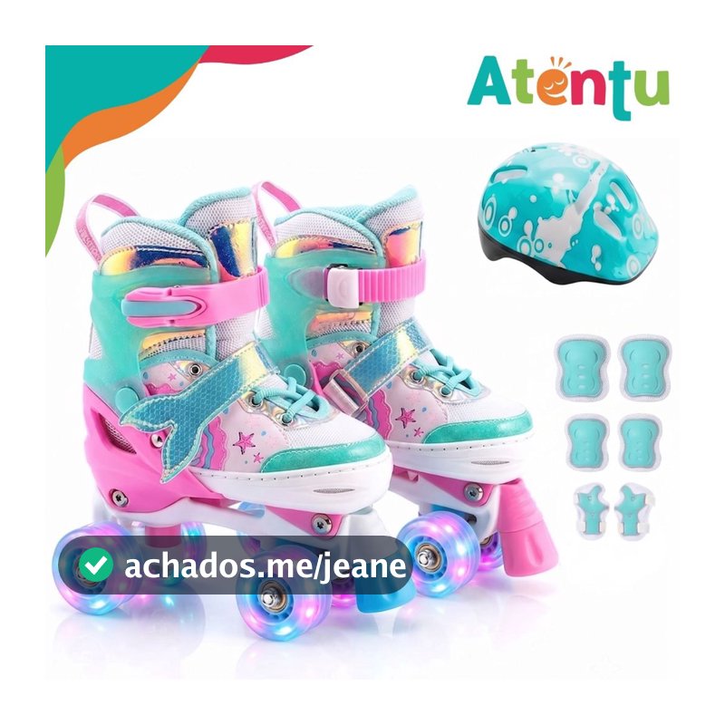 Patins Infantil Quad 4 Rodas Sereia Tamanho Ajustável Com Kit Proteção Completo Menina