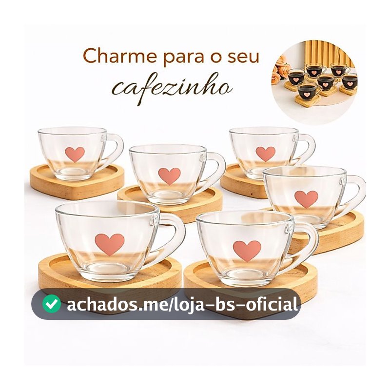 Jogo de Xícaras de Café com Pires de Madeira Coração Cantinho do Café Kit Presente Feminino
