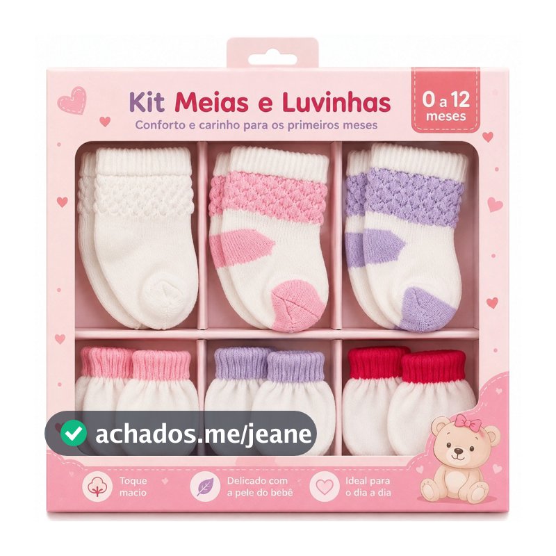Kit 3 Pares Meias + 3 Pares Luvas Enxoval (0 a 12 Meses) Menino Menina RN Bebê Recém-Nascido Infantil
