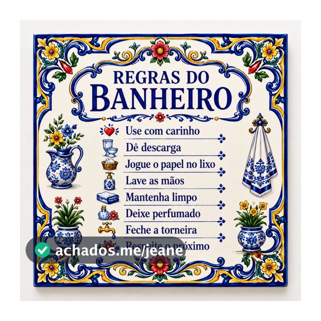Azulejo Decorativo Regras do Banheiro 15x15 cm | Decoração para Banheiro e Lavabo | Estilo Português