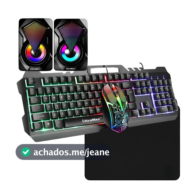 Kit Gamer 5 em 1: Teclado Semi Mecânico Iluminado RGB + Mouse para Jogos + Mouse Pad + Caixa de Som