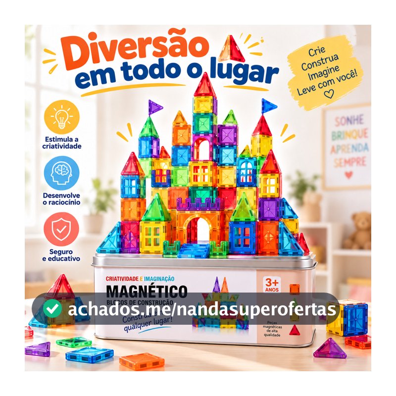 Blocos Magnético Construção c/ Imã Estojo Metal Educativo Bloquinho de Montar q Grudam 26 pçs/34 pçs