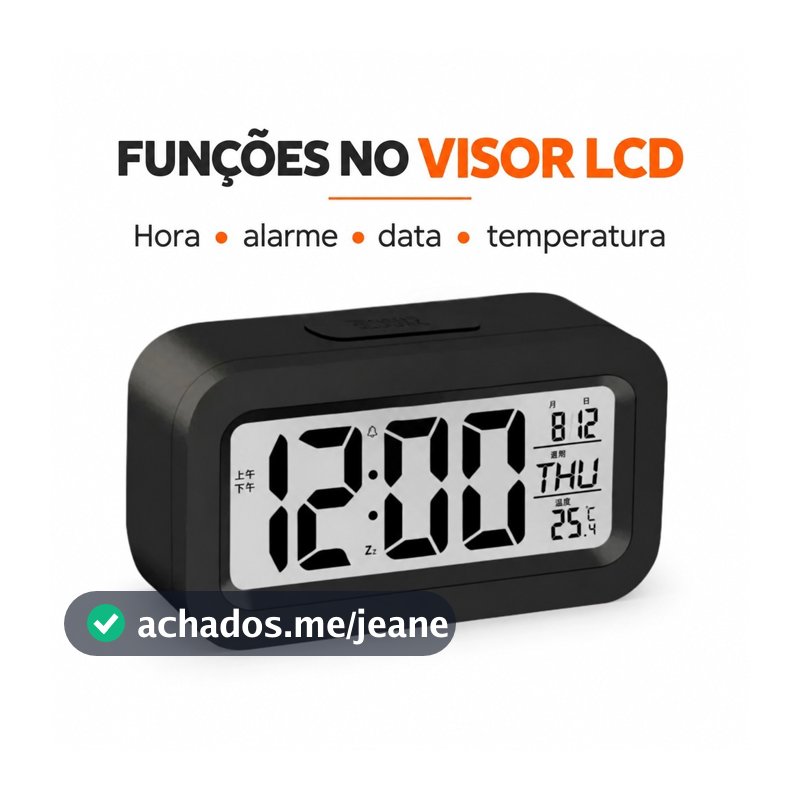 Relógio Despertador Digital de Mesa com Visor LCD, Alarme e Luz Noturna Automática