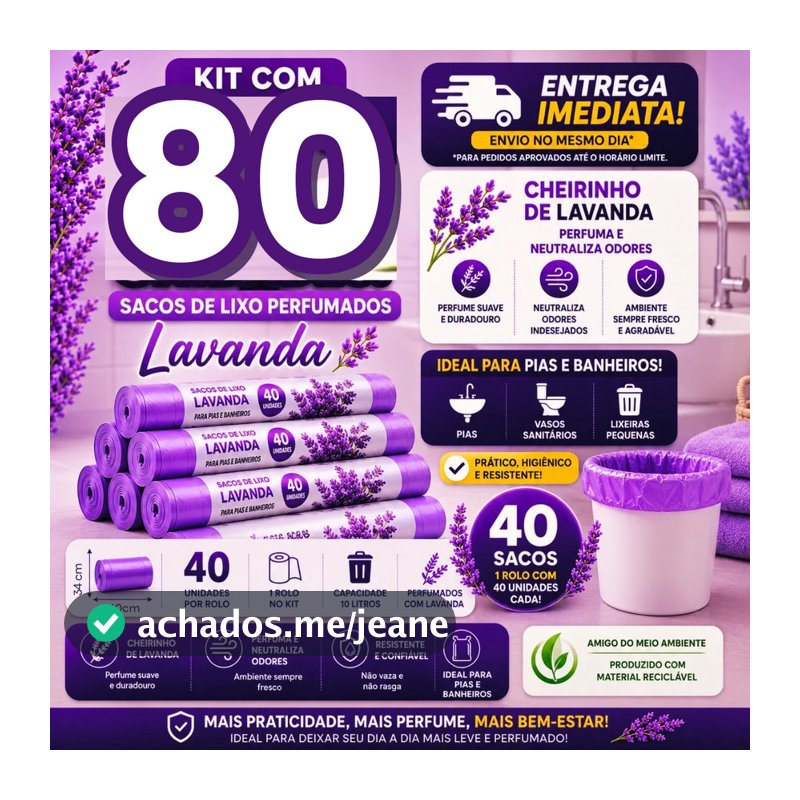 Kit 2 Sacos de Lixo Perfumado Lavanda 10L 80 Un — ideal para cozinhas, banheiros e clinicas