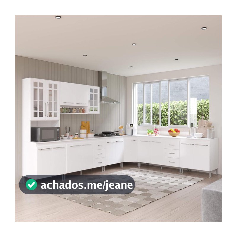 Cozinha Modulada Completa Fidelitá Viena 7 Peças 600cm 16 Portas 6 Gavetas Com Tampo Branco