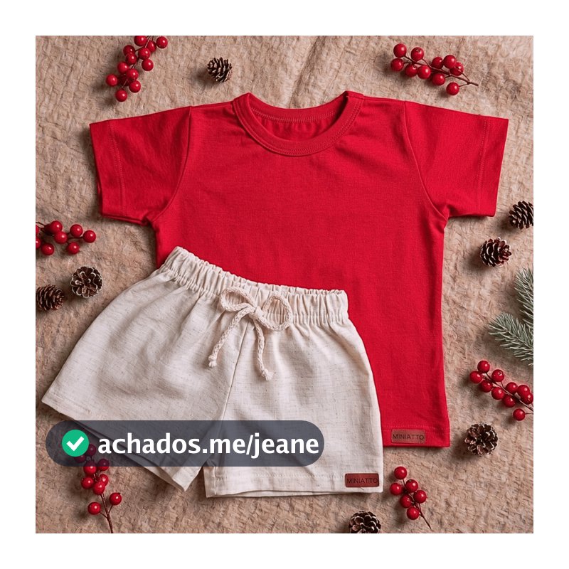 Conjunto Bebê Menino Natal Camiseta Vermelha de Algodão e Short de Linho