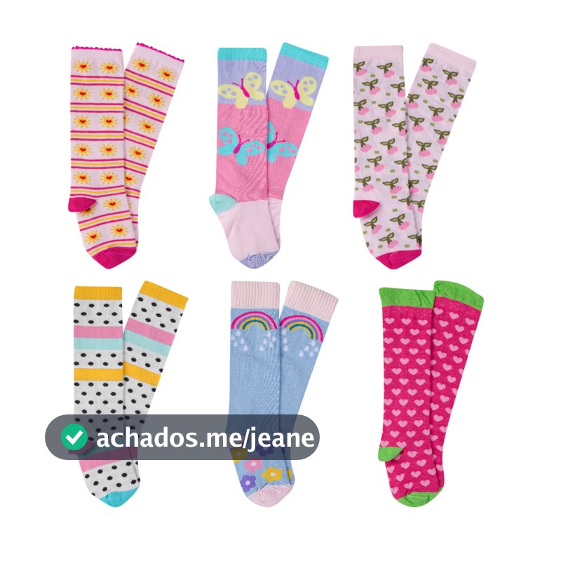 Kit 6 Pares Meia Infantil Menina 3/4 Algodão Cano Longo para Galocha Estampas Divertidas Coloridas Dia da Meia Maluca
