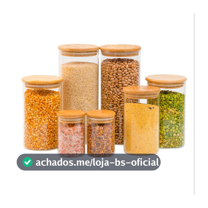 Kit 7 potes de vidro com tampa de bambu herméticos redondos - Tüd