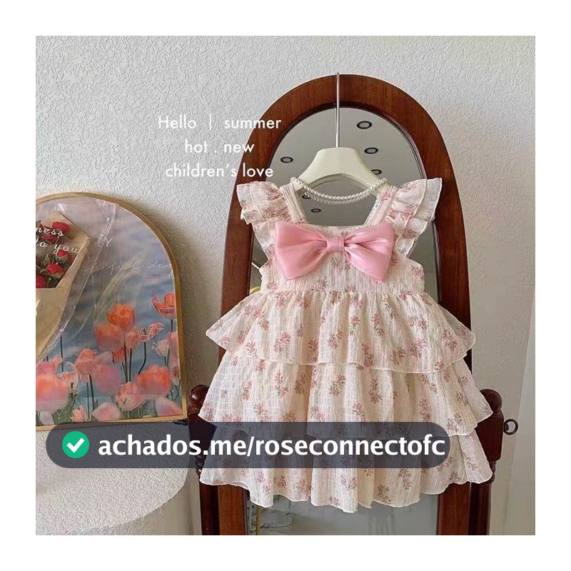 Vestido de Princesa Moderno em Algodão Crinkle Estampa Floral Rosa Manga Bufante Laço Grande Saia Rodada Doce Verão