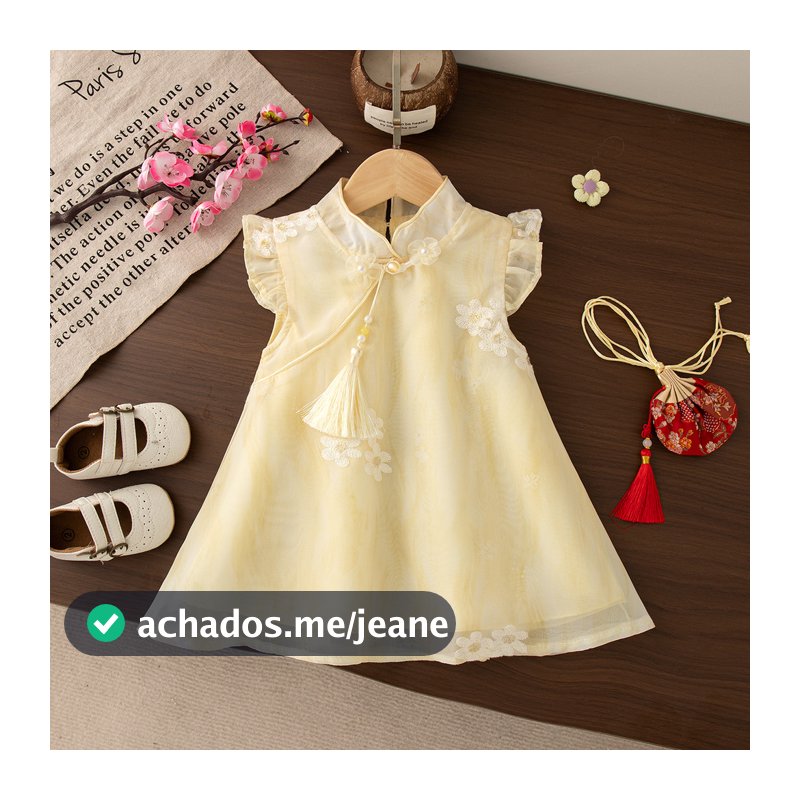Vestido Qipao Amarelo Para Bebê Menina Flor Bordado De Chiffon Crianças Roupas Estilo Chinês Enviar Pingente