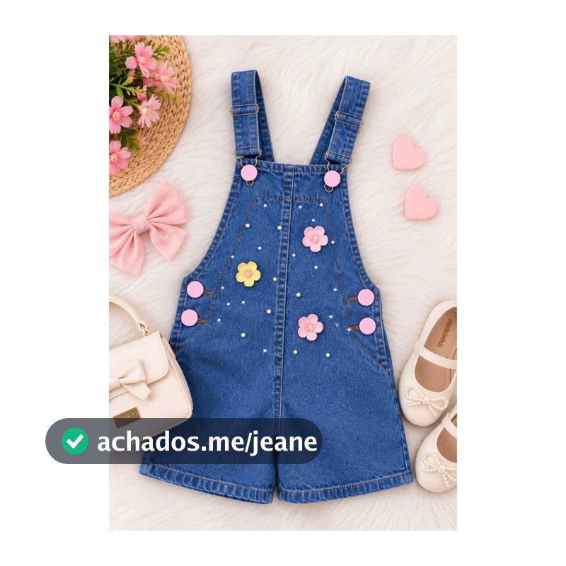 Jardineira Infantil Menina Jeans com Flores e Pérolas | Macacão Curto Verão