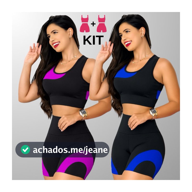 Kit 2 Conjuntos Academia Feminina – Top + Short Cintura Alta e Modeladora