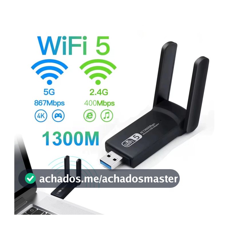Adaptador Wi-fi Dual Band 2-4G e 5G USB 3.0 5Ghz 1300Mbps 2 Antenas