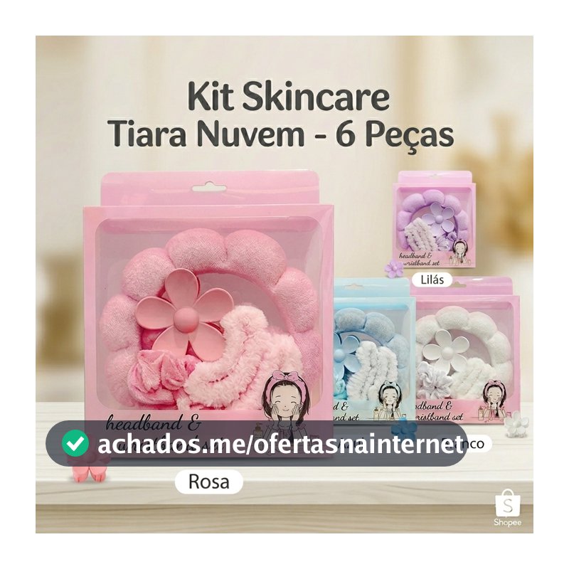 10 ou 25 Kits Skincare Presente Tiara Nuvem Fofa + Pulseira Atoalhada + Piranha Flor + Elástico Amarrador Maquiagem Spa
