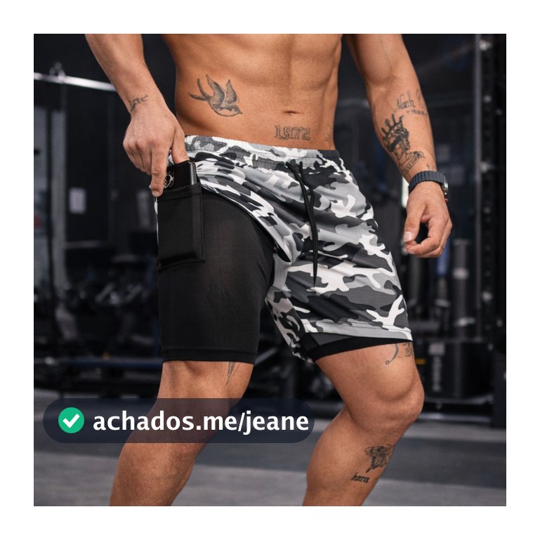 Shorts 2 em 1 Dry Duplo Camuflado Plus Size M ao G3 Com Compressão Academia Treino Corrida