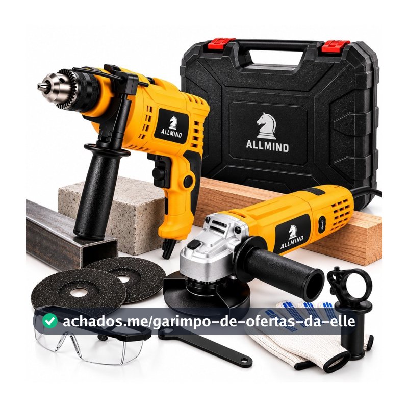 Kit Lixadeira Esmerilhadeira Angular Furadeira de Impacto 10mm e Maleta de Transporte Com Acessórios