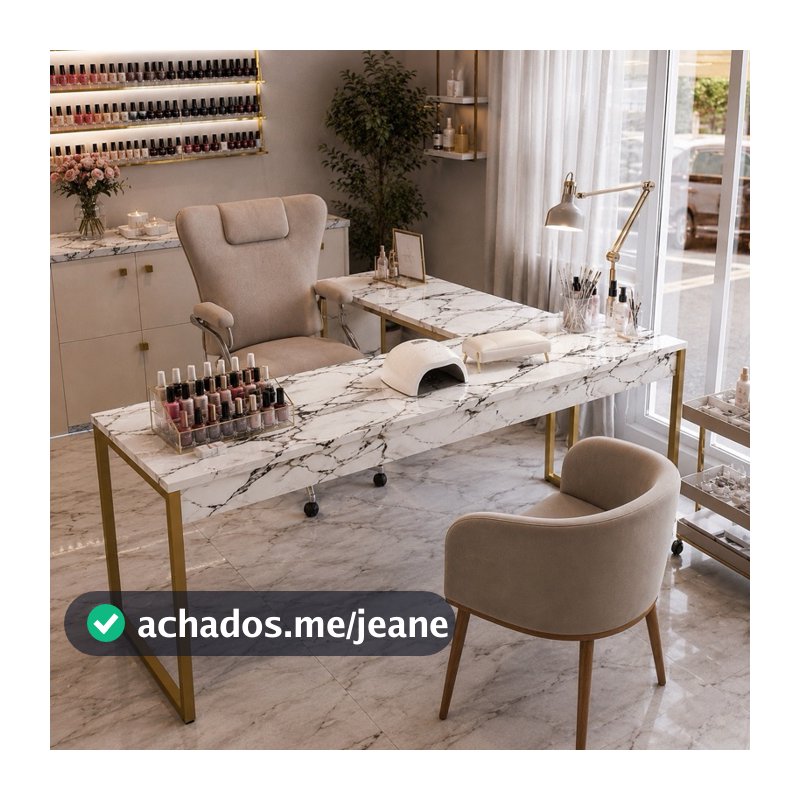 MESA SALÃO INDÚSTRIAL EM L HOME OFFICE ESCRITÓRIO MANICURE ATÉ 1.20CM PES DOURADO MARMORE UV Queima de estoque