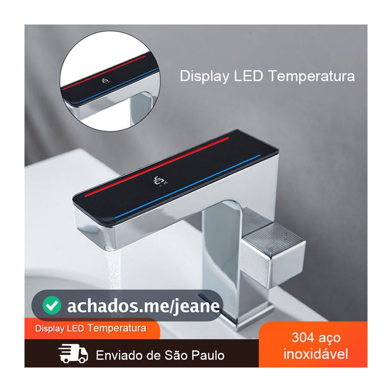 Torneira De Banheiro quadrado Com Display LED Temperatura Água Quente/Fria Bancada Misturadora  Rotação de 360°