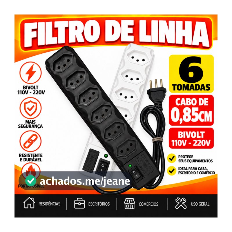 Filtro de Linha Branco e Preto 3, 4, 5 e 6 Tomadas Extensão Elétrica Régua 10A Bivolt