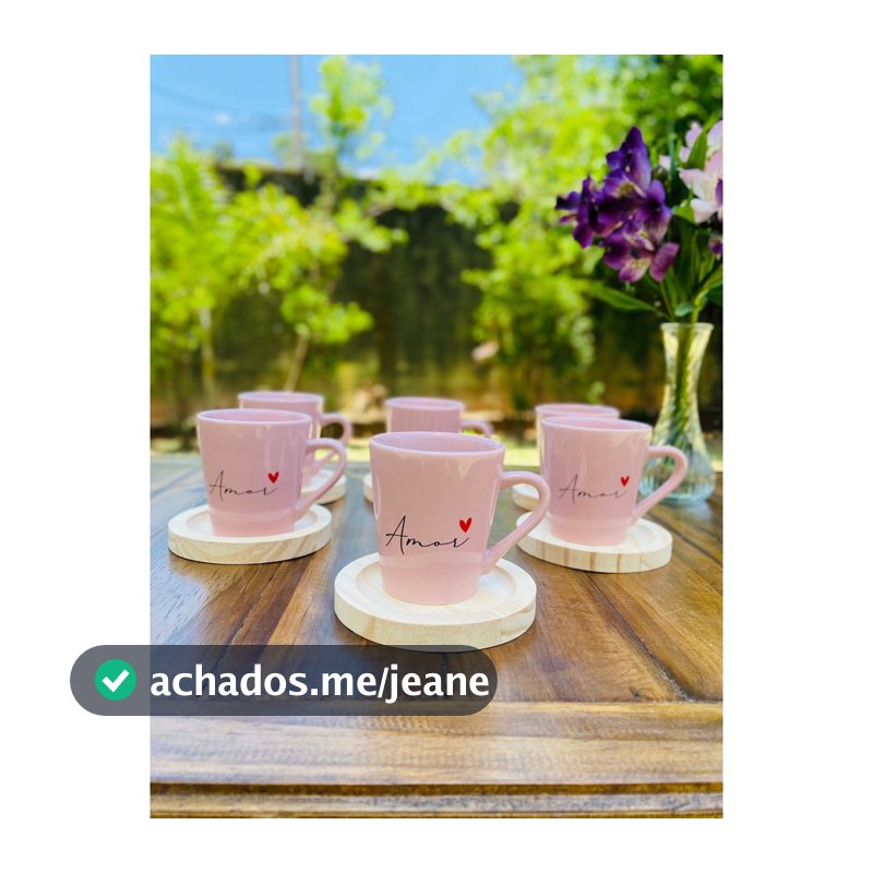 Kit 6 Xicaras / Canecas Porcelana Rosa 120ml C/ Pires De Madeira Redondo Amor Spot