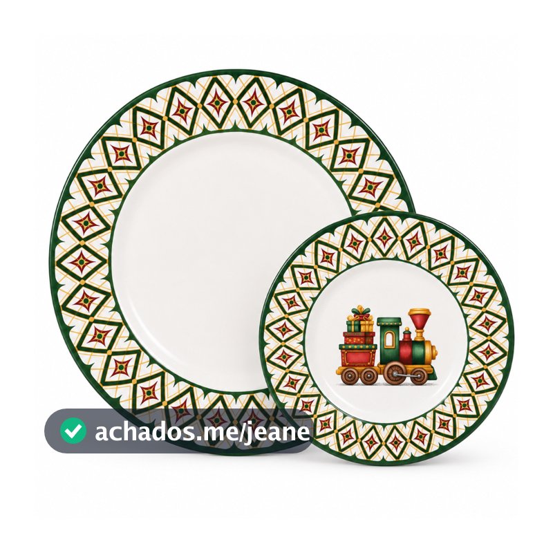Prato Natalino Alleanza Cerâmica Raso e Sobremesa Kit 2 Peças Para Decoração de Natal Mesa Posta Festas Final De Ano