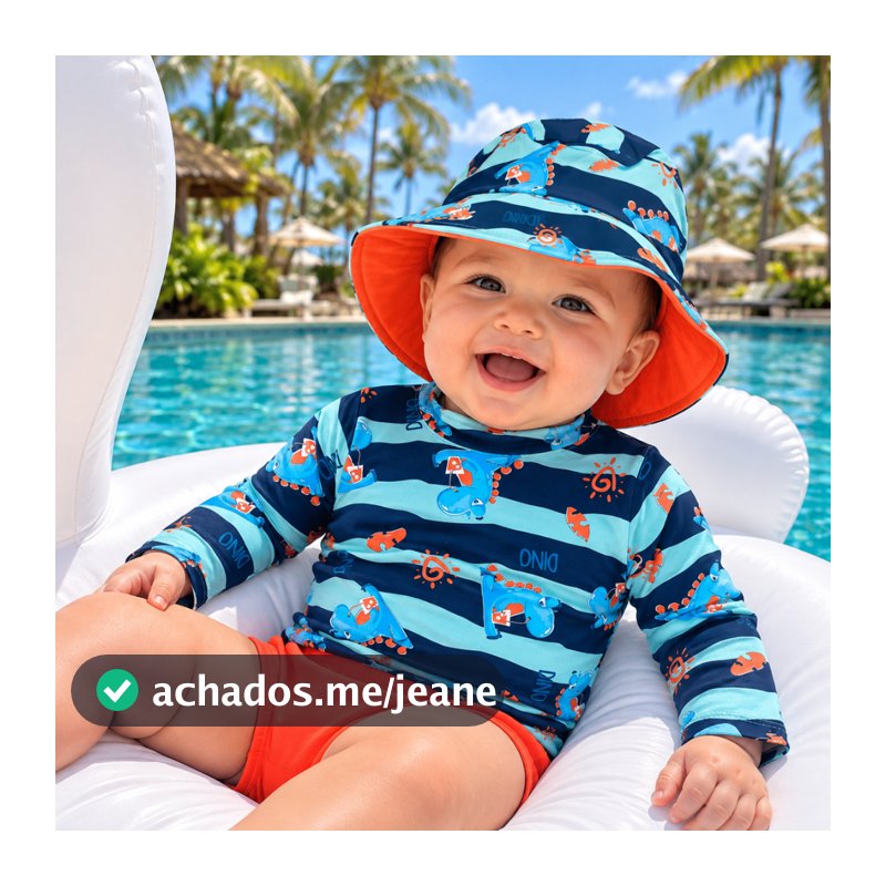 Kit Lote Blusa com Proteção Solar UV50 + Tapa Fralda (sunga) + Chapéu Bebê e Infantil Moda Praia Meninos
