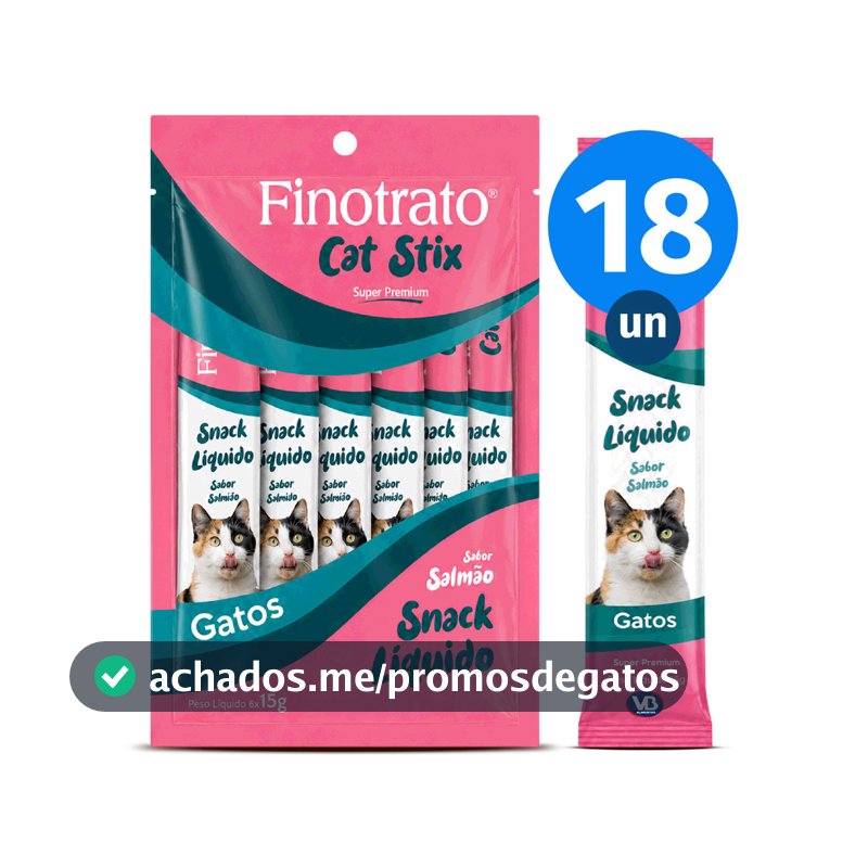 Kit 18x Petisco Finotrato Cat Stix Gatos Adultos Sabor Salmão 15g