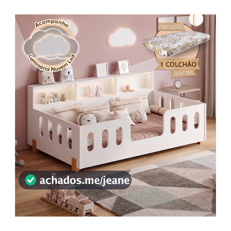 Cama Infantil Montessoriana Com Colchão LED E Nicho Nina Branca + Luminária Led