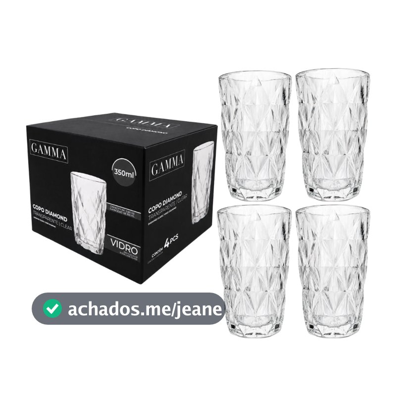 Jogo 4 Copos De Vidro Transparente Diamond 350ml Cristal Grosso Diamante Casa Cozinha Suco Bebidas