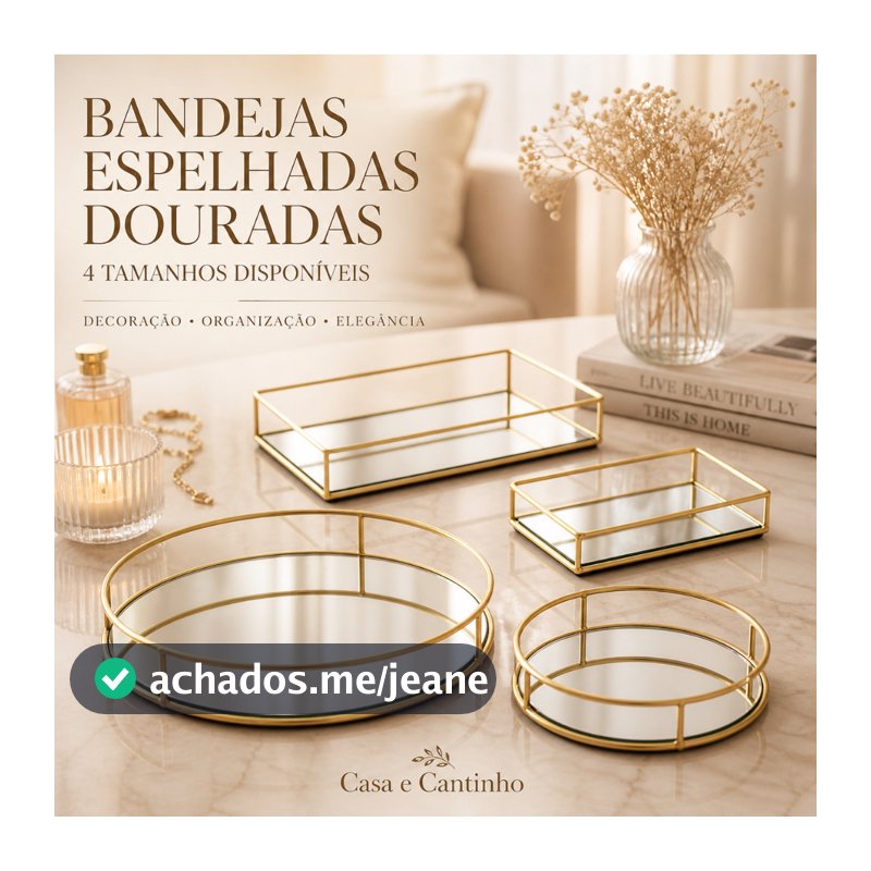 Bandeja com Espelho Decorativa Espelhada Multiuso Retangular ou Redonda para Penteadeira ou Banheiro