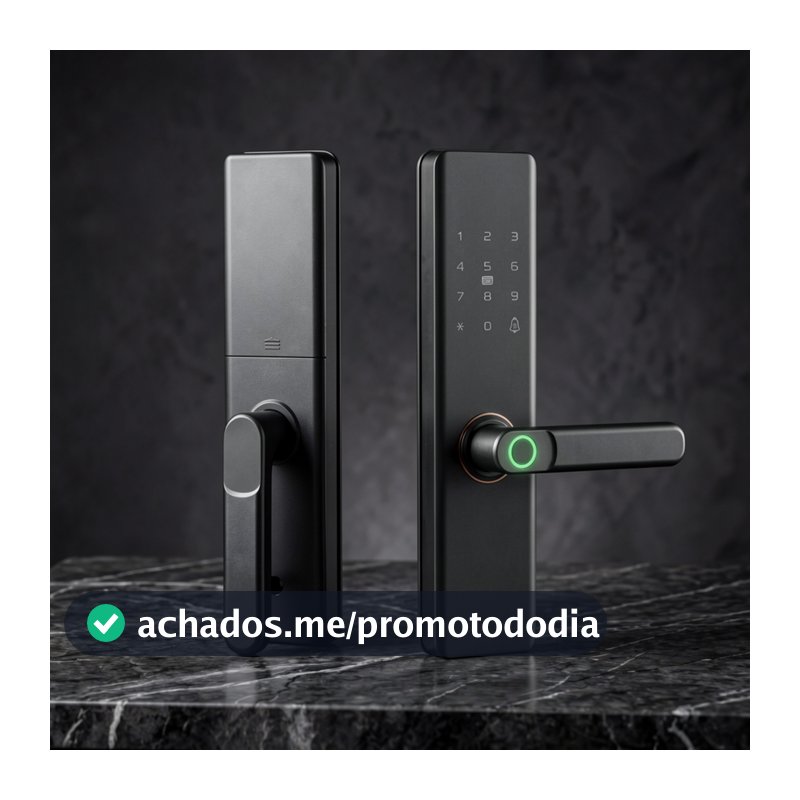 Fechadura inteligente com até cinco modos de abertura, compatível com portas de madeira e suporte ao idioma português.