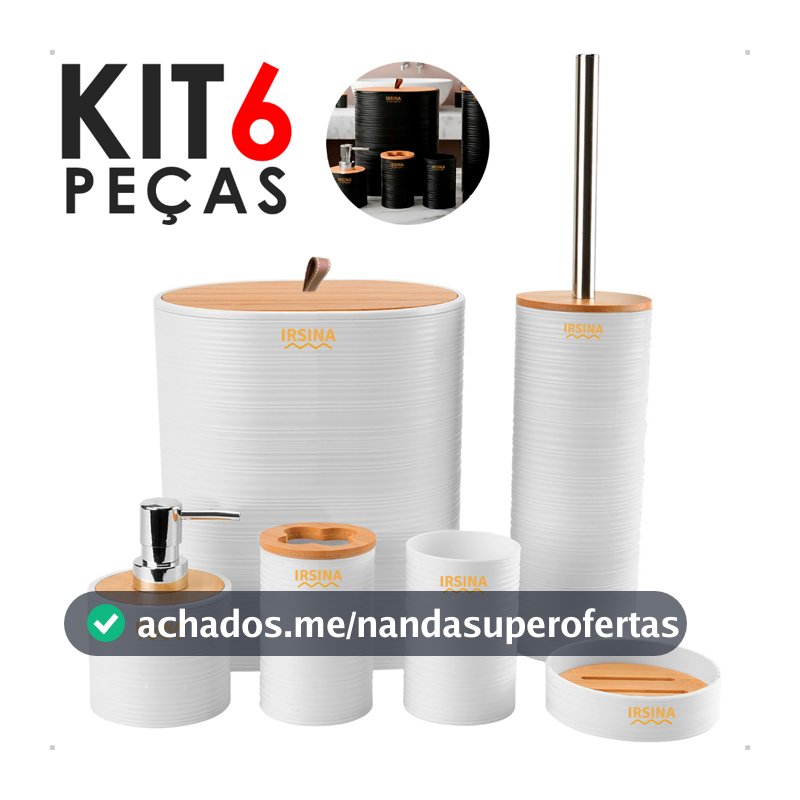 KIT Acessórios de Banheiro Lavabo de Bambu Conjunto Completo Lixeira Saboneteira Escova