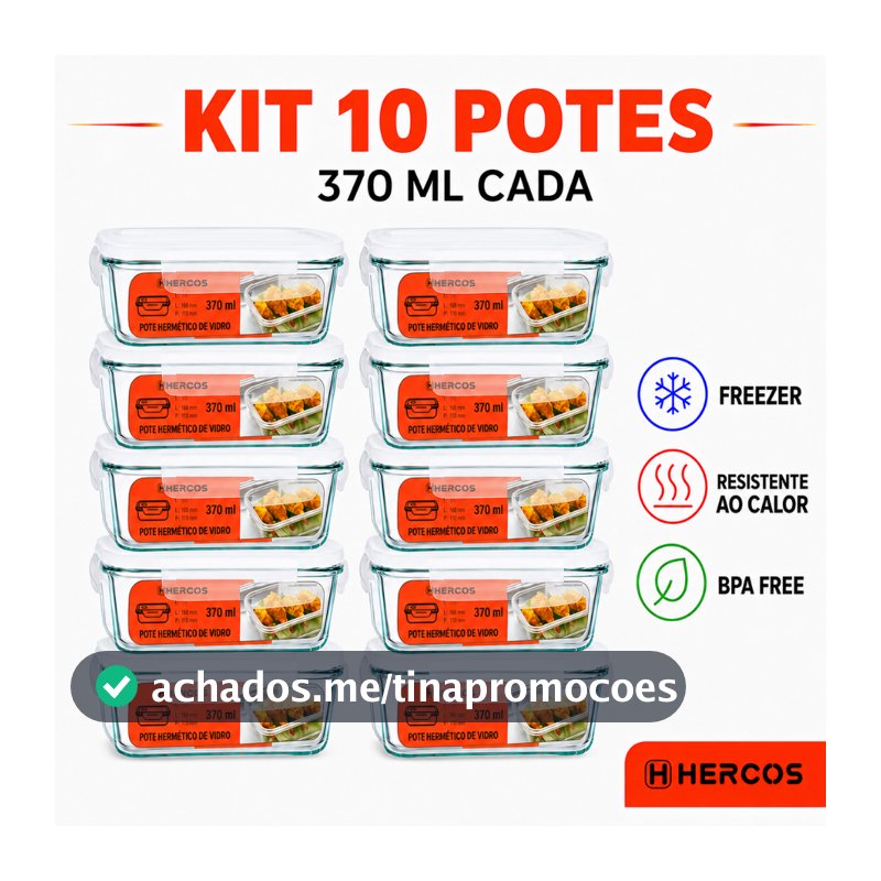 Kit Pote Hermético Vidro Tampa 4 Travas 370ml Retangular Freezer Marmita Frios Fitness Micro Ondas