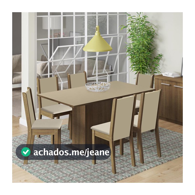 Conjunto Sala de Jantar Madesa Ohana Mesa Tampo de Madeira com 6 Cadeiras - Rustic/Crema/Pérola