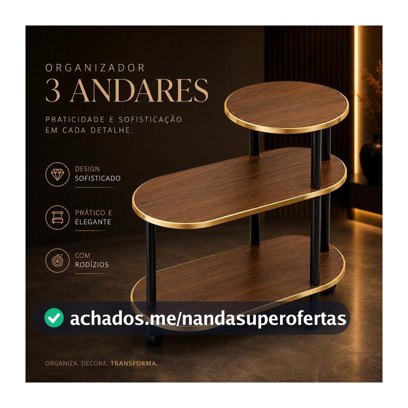 Mesa de Cabeceira 3 Andares em Madeira, Estante Organizadora com Rodinhas para Quarto Sala e Escritório