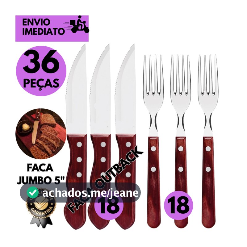 Kits 36/24/16 ou 10 Peças p/ Churrasco Facas Inox Cabo de Madeira Jumbo + Garfos Cabo de Madeira Nat