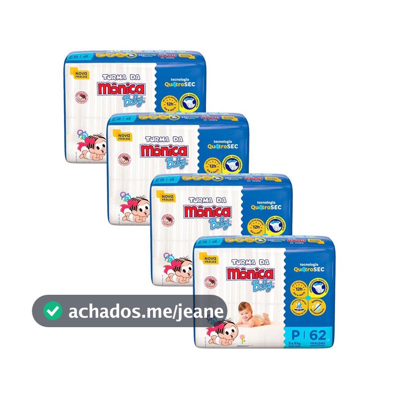 Kit 4 Fraldas Turma da Mônica Baby Mega P com 62un cada